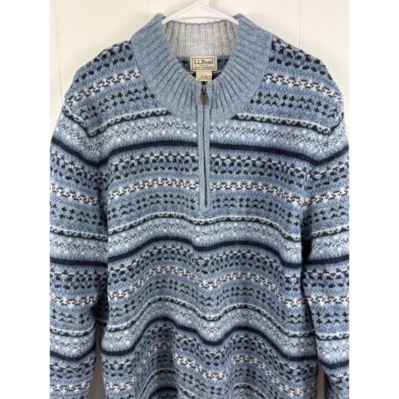 L.L. Bean Men's XL Shetland Wool Sweater Quarter Zip Knit Vintage Blue Fair Isle - Picture 2 of 8